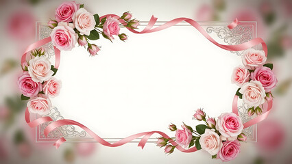 Elegant Floral Frame with Soft Pink Roses and Delicate Intertwined Ribbons, Creating a Romantic and Festive Border for Invitations, Greeting Cards, or Announcements