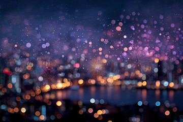 An abstract bokeh background, featuring vibrant city lights and circular and star-shaped fireworks, uses deep blue, royal purple, and shimmering gold to create a festive yet sophisticated atmosphere.