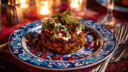 Fototapeta premium Food on a blue patterned plate with candles in the background, close-up view