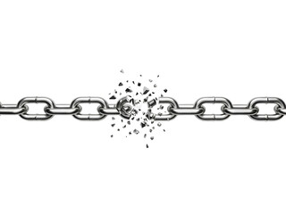 Fototapeta premium Broken Chain Shattering Link – Metal, Crisis, Security, Failure, Weakness Concept on white background