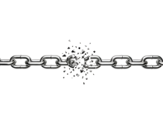 Broken Chain Shattering Link – Metal, Crisis, Security, Failure, Weakness Concept on white background