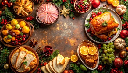 Fototapeta premium Overhead Shot of a Festive Dinner Table with Meat Cheese and Fruit for Nochebuena Feast