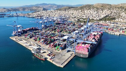 Aerial drone cinematic video of logistics port and container terminal of Piraeus, Attica, Greece - Powered by Adobe