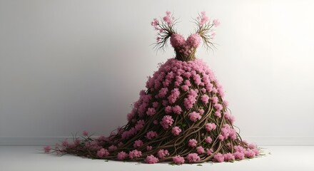 Wedding dress made with a tree roots and pink flowers. 3D rendering.