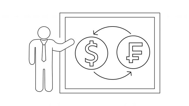 Man presents board with dollarfranc symbols arrows indicate currency exchange
