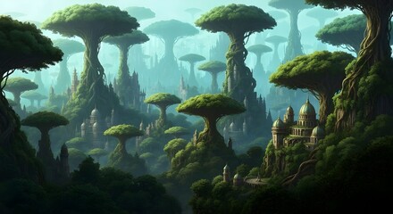 Fantasy landscape with fantasy trees and fairy-tale castle. 3d illustration