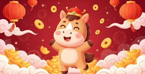 Fototapeta premium Chinese New Year 2026 illustration with cute horse. 