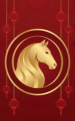 Happy Chinese New Year 2026 card design with gold horse zodiac sign.