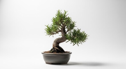 Small, twisted bonsai tree with green leaves in a dark pot on a plain white background