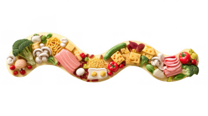 Calorie surplus chart featuring high calorie foods like cheese, croissant, burger, fries, pasta, eggs, meat, and pizza, with arrows pointing downwards on a transparent background