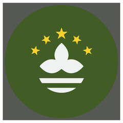 Circular emblem in dark green featuring a white lotus flower and five yellow stars isolated on white background, Vector