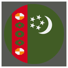 Circular emblem featuring the vibrant national flag of turkmenistan with its distinct cultural symbols isolated on white background, Vector