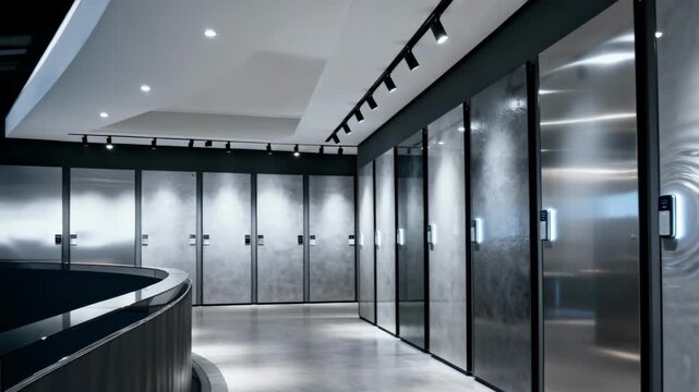 Medium shot of smart walls embedded with sensors reacting to touch and movement in a modern material showroom