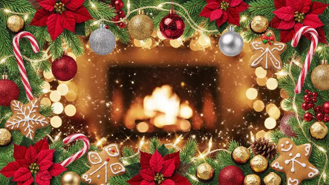 Festive holiday decoration with ornament and garlands near fireplace