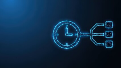 A glowing blue digital clock icon with abstract polygonal lines on a dark technological background