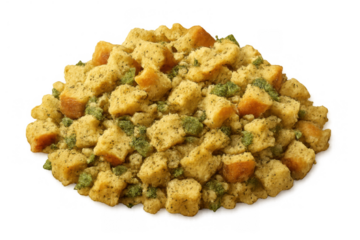 Golden croutons with herbs for topping and seasoning salads, soups, and thanksgiving stuffing, transparent background