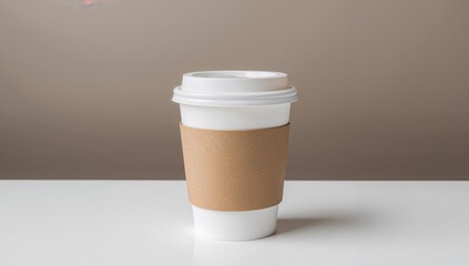 Simple Still Life with a White Coffee Cup and Brown Paper Sleeve on a Table Surface.