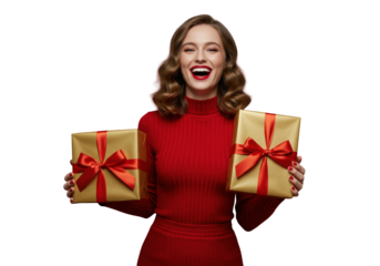 young caucasian woman, red lipstick, joyful, holding gold gift boxes with red bows, red monochromatic outfit, red studio background, festive gifting celebration