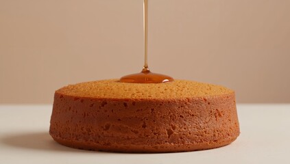 Simple Round Cake with Dripping Amber Liquid, Textured Surface, and Beige Background.