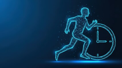 Abstract digital human figure running in dynamic motion with glowing blue network connections and light particles