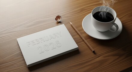February 2026 planner with coffee and pencil on wooden table