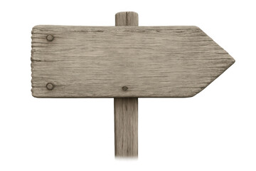 Rustic wooden arrow signpost pointing right, blank weathered wood plank offering direction, copy space, transparent background