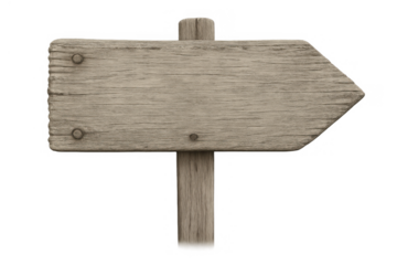 Rustic wooden arrow signpost pointing right, blank weathered wood plank offering direction, copy space, transparent background