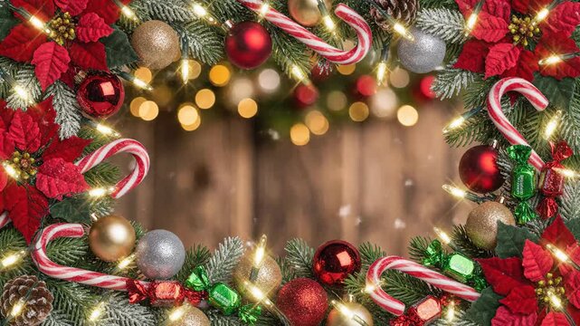 Festive holiday decoration with ornaments and candy canes on a wooden surface