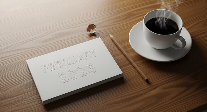 February 2026 planner with coffee and pencil on wooden table - Powered by Adobe