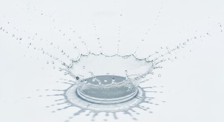 Water splash with crown-like form, droplets scattered on a pale surface