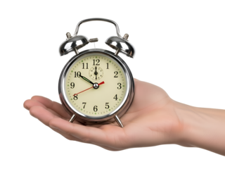 Human Hand Holding Classic Silver Alarm Clock: Time Management Concept on white background