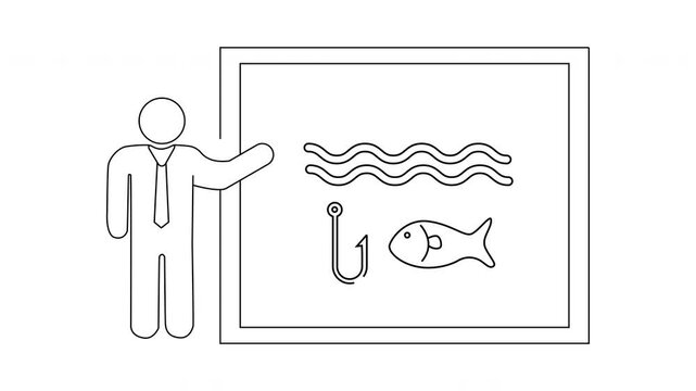 Outline of a person presenting a board showing waves a fish hook and a fish