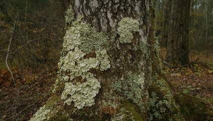 Textured Tree Trunk with Lichen and Moss in a Dense Forest, Soft Lighting.
