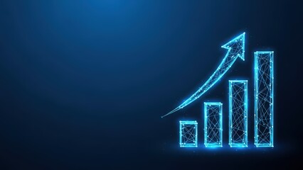 Digital graph showing upward financial growth with increasing bars and arrow on dark blue background