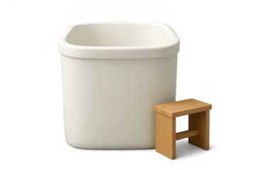 Japanese soaking tub concept with ofuro-style bath and wooden stool for traditional spa and relaxation at home, 3d render