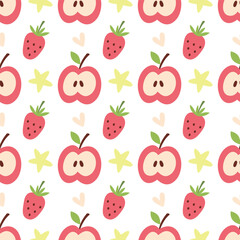 Cute Seamless Fruit Pattern with Apple and Strawberry in Flat Style