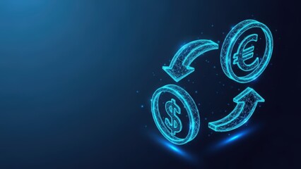 Digital illustration of money exchange with glowing blue arrows and coins on a dark background