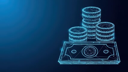 Digital wireframe illustration of stacked coins and banknotes representing money and financial growth on a blue abstract background