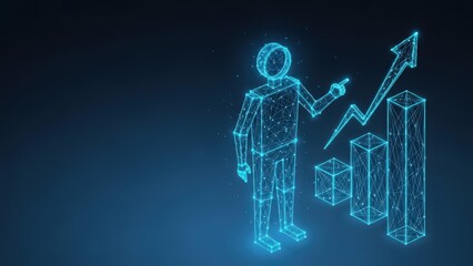 Digital wireframe person pointing at upward trend chart and cubes representing business analytics and growth