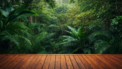 Verdant Vista Platform, Dense Flora, and Warm Wooden Deck. A Tropical Composition.