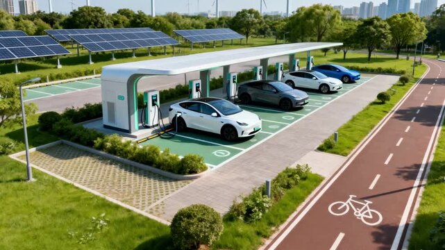 Electric vehicle fleet charging station installation in a green urban lot demonstrating commitment to renewable energy and sustainable mobility.