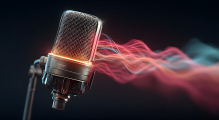 Generative AI studio microphone with abstract soundwaves for podcast branding and vocal frequency visuals.