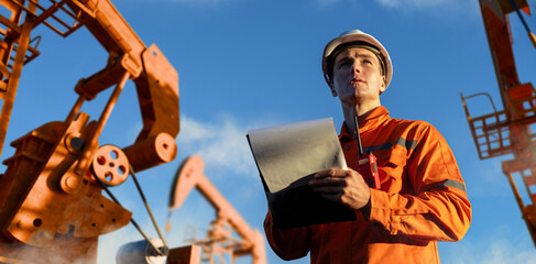 Engineer inspecting oil rig operations and fossil fuel production