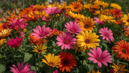 Vibrant Floral Medley. A Colorful Tapestry of Blossoms in the Sunlight Brightness.