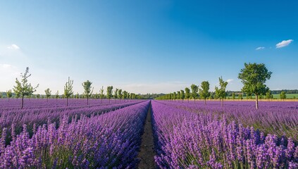 Violet Hues and Emerald Sentinels. A Floral Tapestry Beneath Azure Skies.