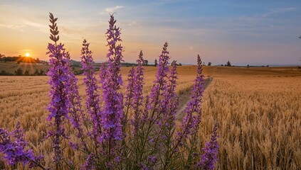 Violet Blooms at Dusk Over Golden Fields, A Tranquil Scene, Light and Shadow Play.