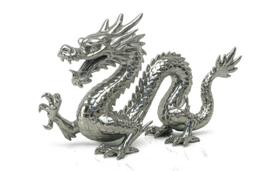 Obraz premium Silver chinese dragon figurine representing power and good luck, mythical creature with reflecting metallic finish on transparent background