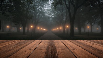 Whispers in the Mist, Lamplit Pathway Wooden Surface Adds Warmth and Perspective.