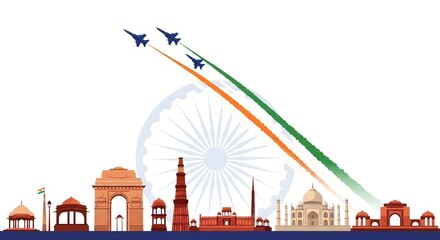 Indian Republic Day illustration with iconic monuments skyline, Ashoka Chakra, and fighter jets flying in tricolor formation, symbolizing patriotism, unity, freedom, national pride, and heritage on 26