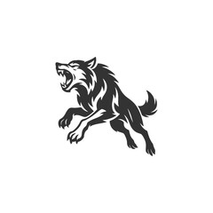 Fototapeta premium Dynamic wolf silhouette leaping powerfully forward with sharp teeth ready for action in black and white